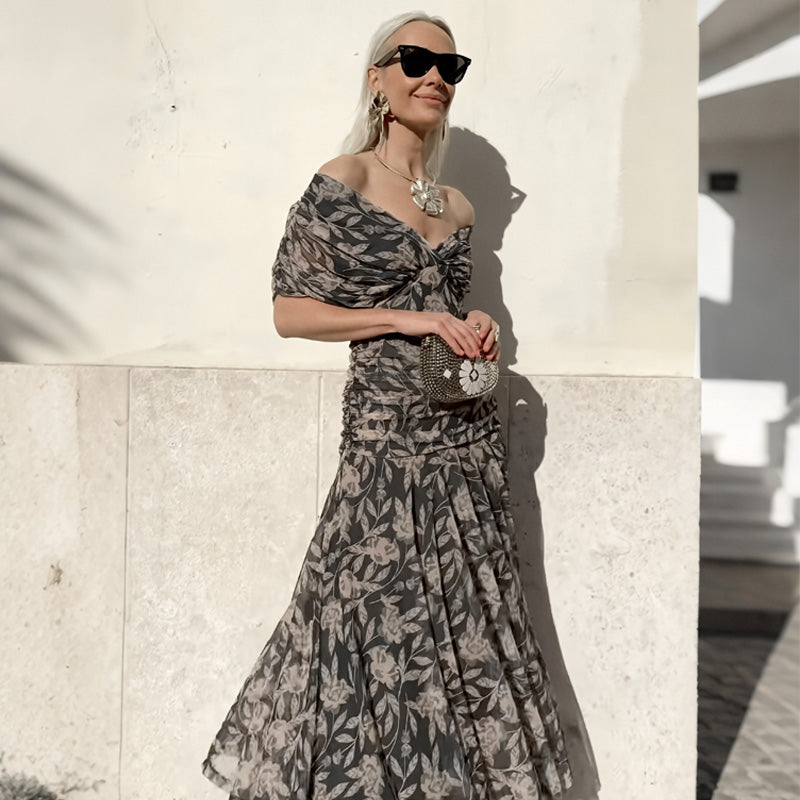 🌸New Arrival 50%OFF💖 Women's Off-the-Shoulder V-Neck Printed Dress