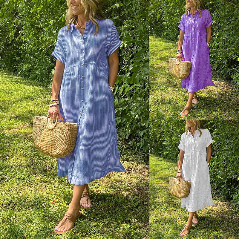 🔥2025 New Arrival💃Striped Lapel Button Down Shirt Dress | With Functional Pockets