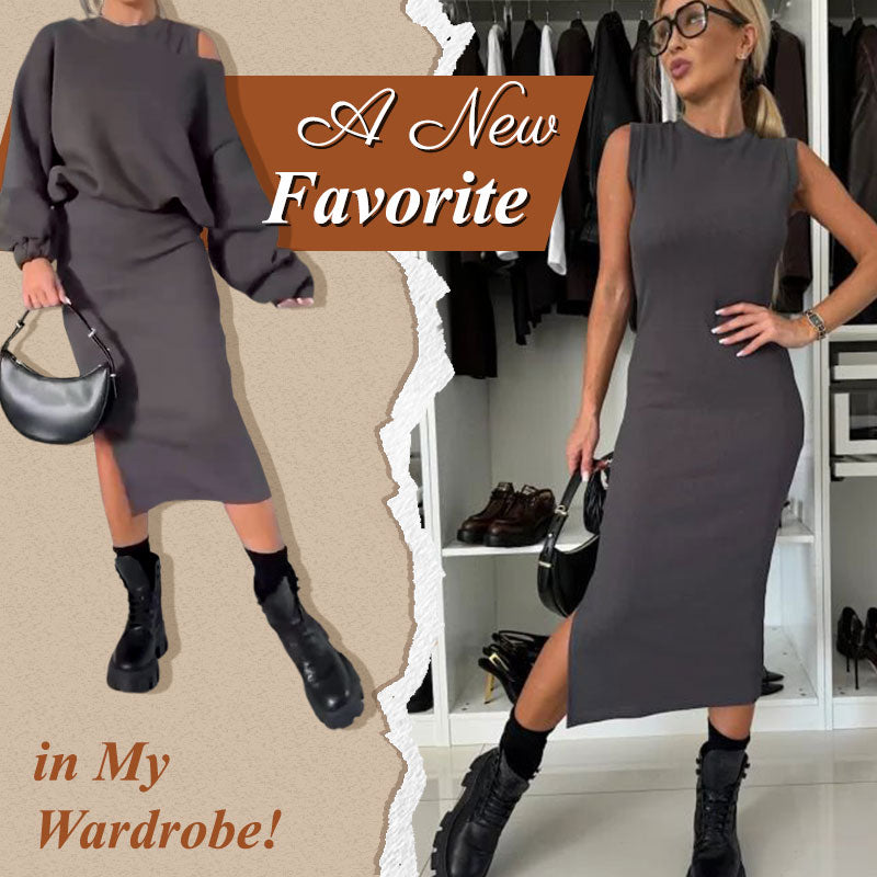 👗Women's Slanted Shoulder Sweatshirt & Sleeveless Dress Set