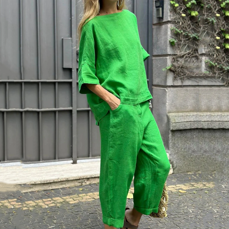 🍃طقم قميص قطني كتان فضفاض وبنطلون بخصر عالٍ