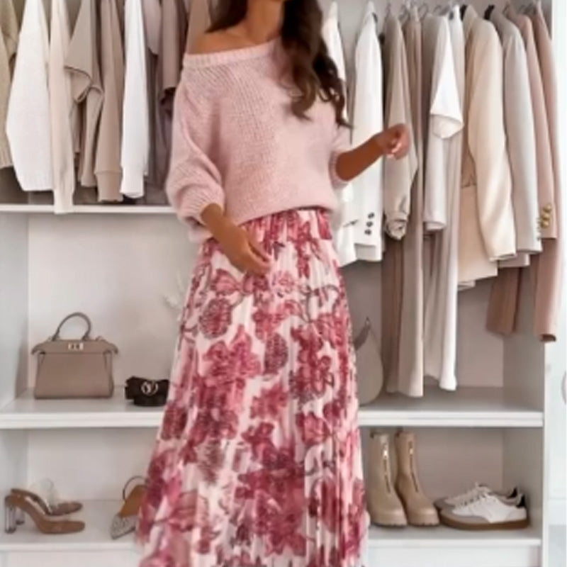 ⏰Spring Promotion 50% Off 🔥Crew Neck Top & Printed Belted Skirt Set