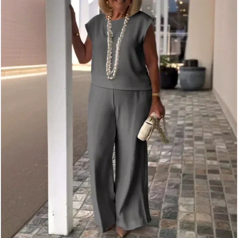 💕خصم 50% لفترة محدودة💕طقم نسائي من بلوزة وبنطلون بدون أكمام برقبة دائرية