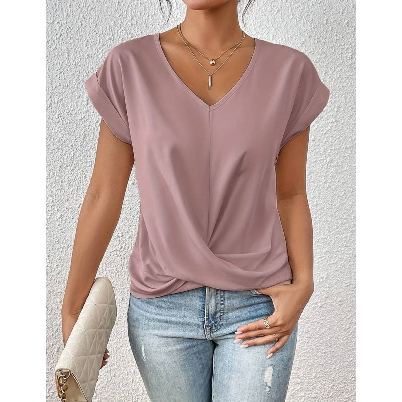 💥מכירה גדולה💷המחיר הטוב ביותר👚חולצת טי אלגנטית עם צווארון V ושרוולים קצרים
