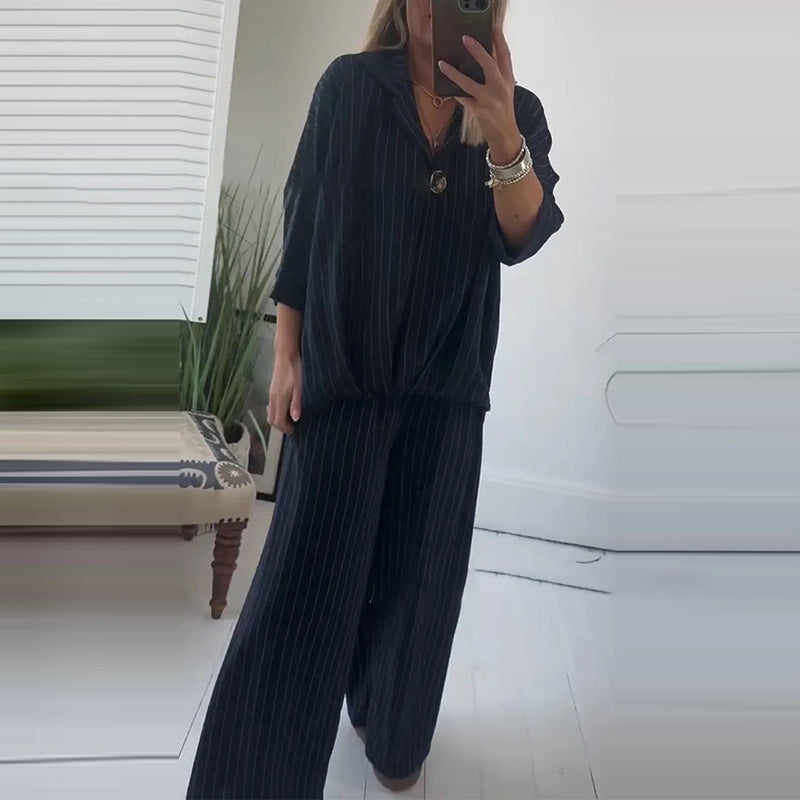 🌙 Randig topp och vida byxor för kvinnor, 2-delat set👚