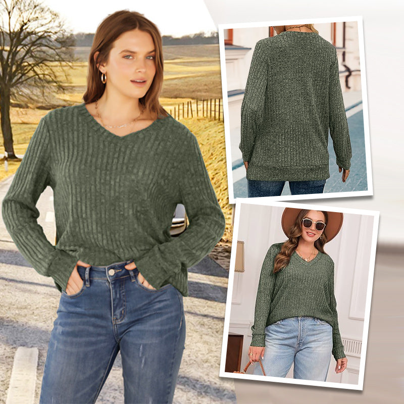 🍂Herbst-Schnäppchen 50 % Rabatt🔥Einfarbiger Damenpullover mit V-Ausschnitt und langen Ärmeln