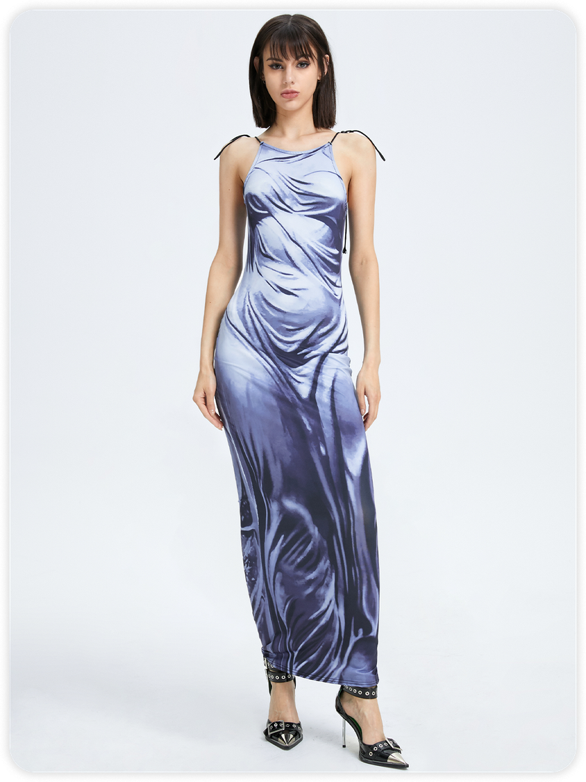 Nervöser schwarzer Körperdruck Schnürkleid Midi Kleid