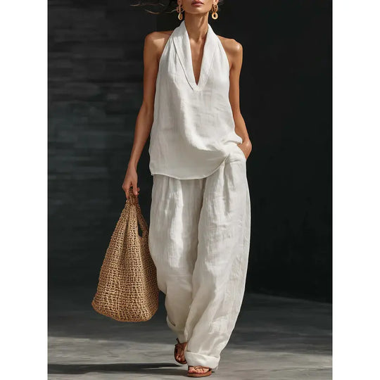 Boho linned i to dele - perfekt til strand, ferie & brunch! Halter hals ærmeløs top brede ben bukser sæt
