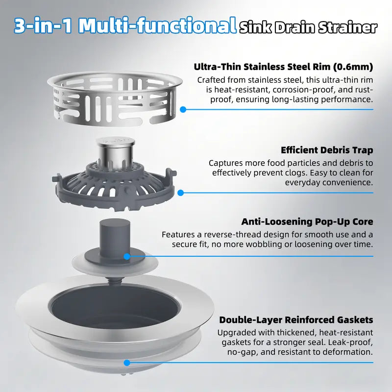 Hibbent Upgraded 3 in 1 Kitchen Sink Drain Strainer, Stainless Steel Pop Up Sink Stopper, Larger Anti-Clogging Basket, 3-Layer Seal