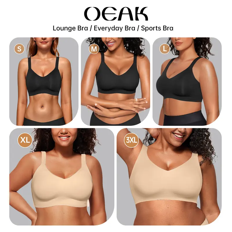 OEAK Women's Seamless Plus Bra Wireless Support Push Up Jelly Bra Comfort Full Coverage Plus Size Bras V Neck Sleep T-Shirt Everyday Bralettes