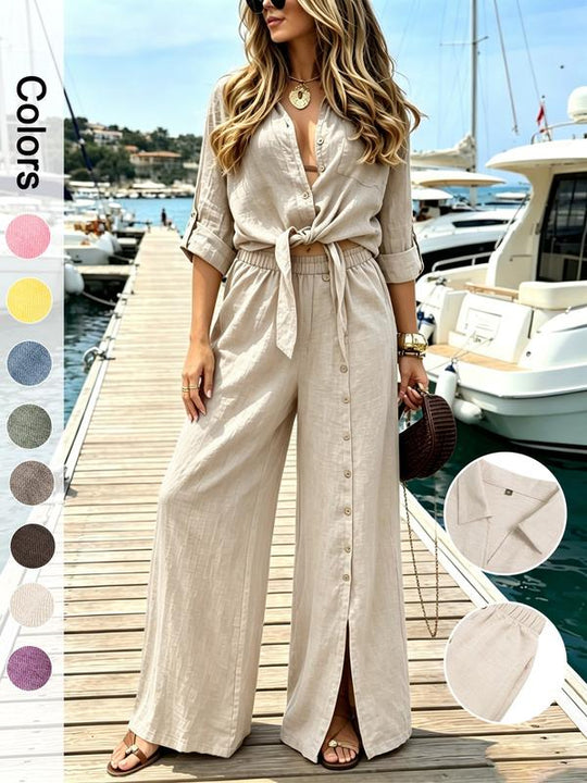 🏆SUMMER HOT SALE 60% OFF🔥Women's Two-Piece Vacation Style Fit Shirt and Pants Set, Knot Top with Button Decoration, Wide Leg Pants, Casual for Women, Womenswear