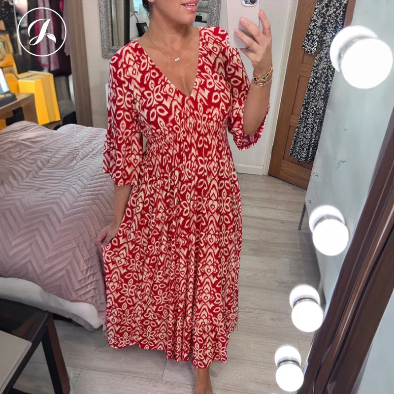 🌺Reduceri de vară 2025 cu până la 50% reducere👗Rochie lungă boemă cu imprimeu casual, decolteu în V și talie înfășurată