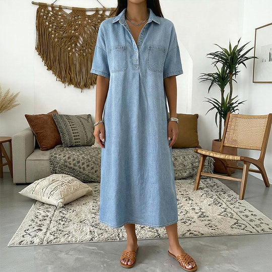 👗 60% OFF NOW! 👖 Casual Pocket Denim Midi Shirt Dress – Soft denim & relaxed fit – Functional pockets, perfect for everyday casual – comfortable and versatile ✨🌸