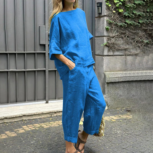 Loose Cotton Linen Shirt & High-Waisted Pants Set