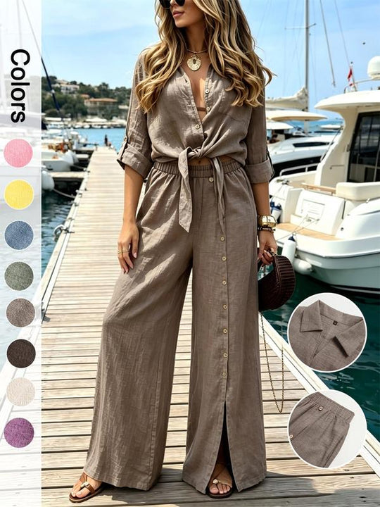 🏆SUMMER HOT SALE 60% OFF🔥Women's Two-Piece Vacation Style Fit Shirt and Pants Set, Knot Top with Button Decoration, Wide Leg Pants, Casual for Women, Womenswear