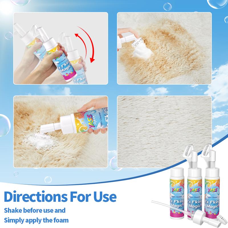 Yass Clean F'king Magic Fabric and Upholstery Foam Cleaner 3PACK 200ML Removes Stains With Carpet Cleaner Brush，Effectively Removes Stains And Odours Caused By Pets From Carpets And Upholstery