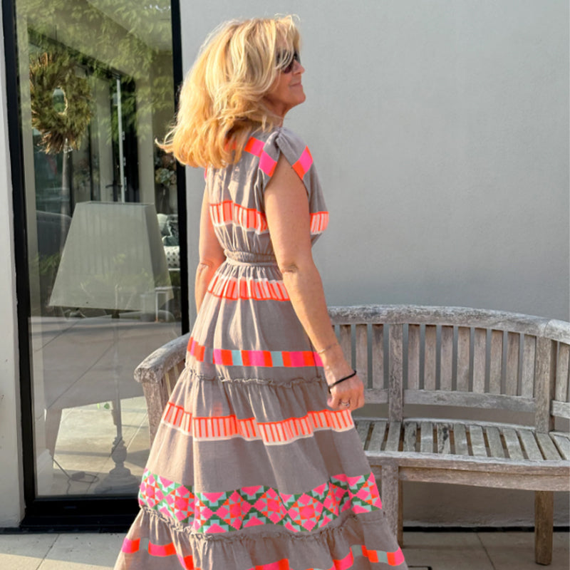 🔥Venta caliente 49% de descuento💕Vestido holgado sin mangas con estampado de rayas vintage y escote en V para mujer
