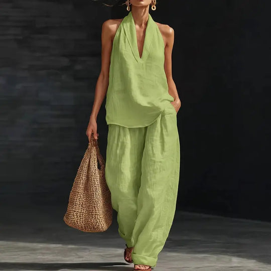Boho linned i to dele - perfekt til strand, ferie & brunch! Halter hals ærmeløs top brede ben bukser sæt