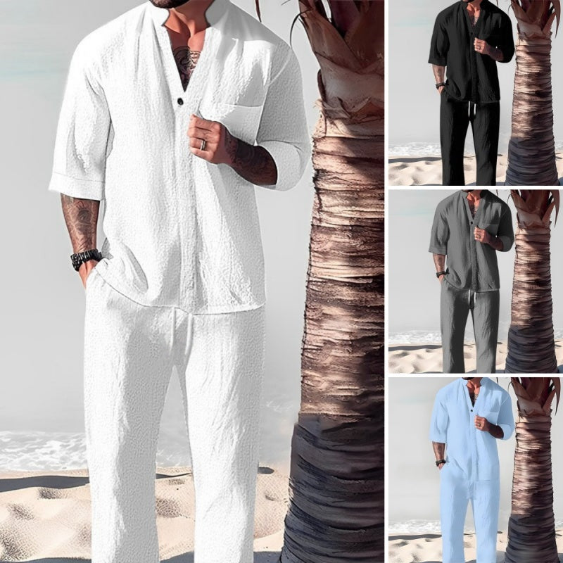Completo da uomo in due pezzi con top e pantaloni in lino e cotone alla moda🎉GRANDE SALDO - SCONTO DEL 50%