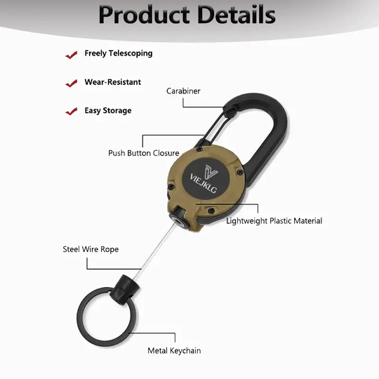 🔑Retractable Carabiner Keychain – 65cm steel lanyard, 100,000 pull cycles. Lightweight & sturdy.