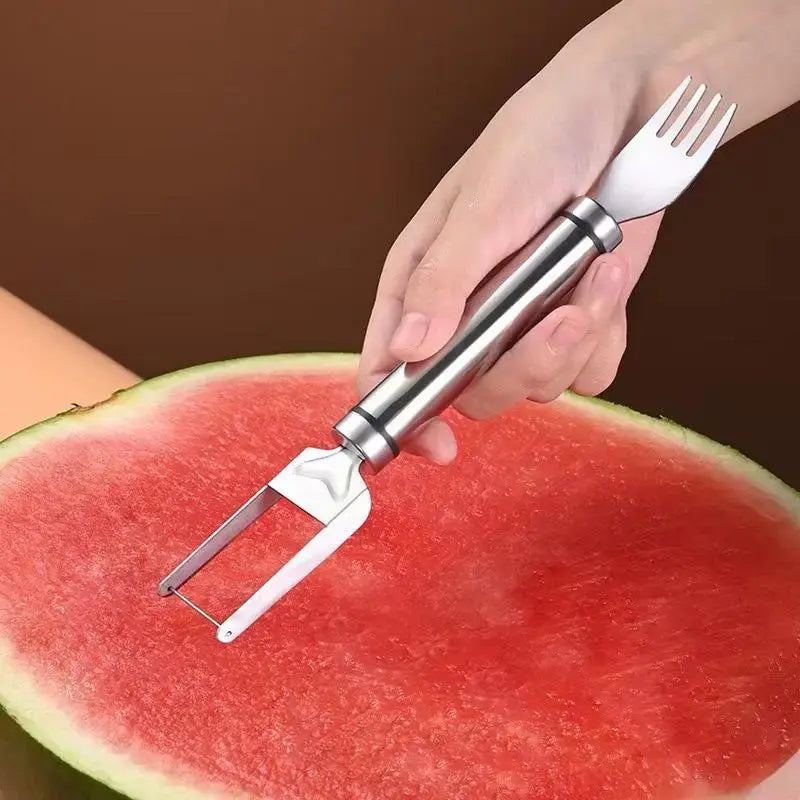 【2 Count】Watermelon Fork Slicer Cutter SlicerTool,2-in-1 Stainless Steel Fruit Cutter,Dual Head Fruit Forks Slicer Knife with Round Handle,Fruit Cutting Kitchen Utensils,Portable Modern,MirrorZone.smartliving