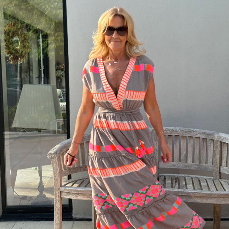 🔥Venta caliente 49% de descuento💕Vestido holgado sin mangas con estampado de rayas vintage y escote en V para mujer