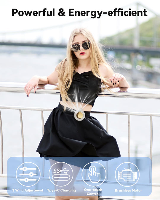 Mini Bladeless Fan. Portable, rechargeable, and silent. Features 3 adjustable speeds, a rotating body, and versatile use as a handheld, waist-mounted, or phone cooling fan. Ideal for outdoor travel,Perfect Gift