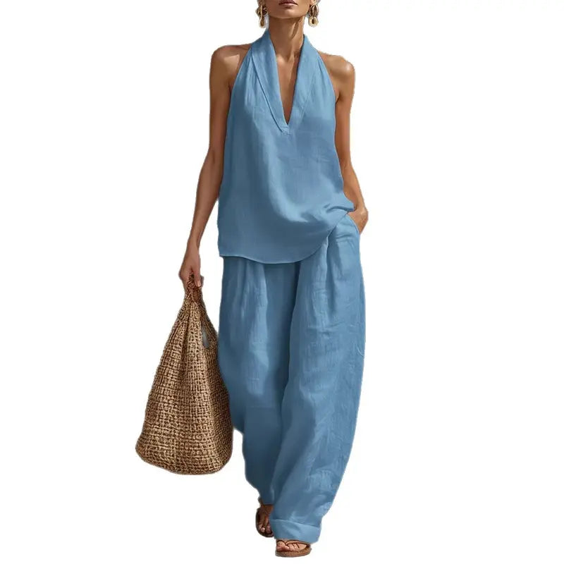 Boho linned i to dele - perfekt til strand, ferie & brunch! Halter hals ærmeløs top brede ben bukser sæt