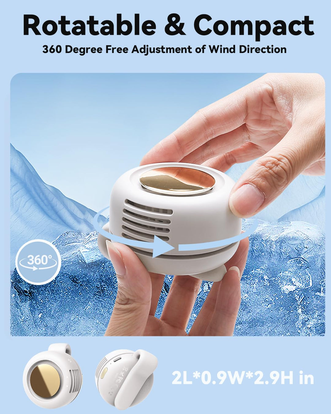 Mini Bladeless Fan. Portable, rechargeable, and silent. Features 3 adjustable speeds, a rotating body, and versatile use as a handheld, waist-mounted, or phone cooling fan. Ideal for outdoor travel,Perfect Gift