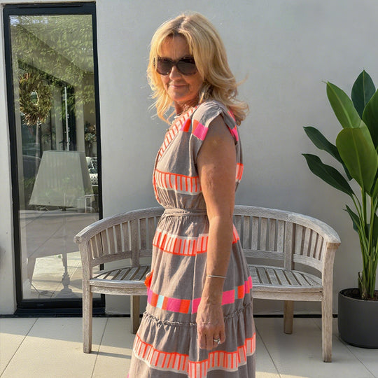 🔥Venta caliente 49% de descuento💕Vestido holgado sin mangas con estampado de rayas vintage y escote en V para mujer