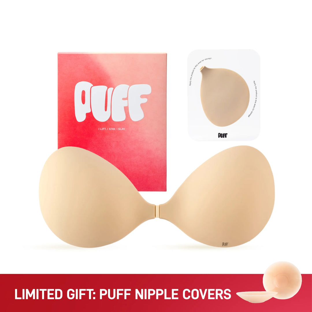 PUFF Sticky Bra – No.1 Push-up Sticky Bra, Waterproof & Sweat-proof Invisible Bra, Reusable Silicone Adhesive Bra for Women, Includes Storage Board & Replaceable Pads