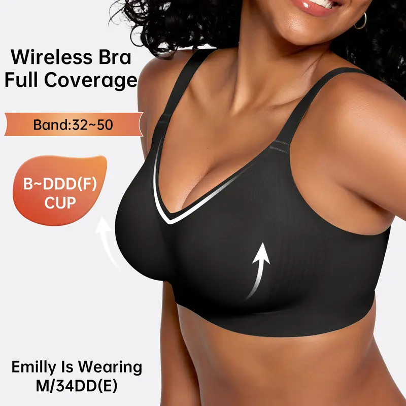 OEAK Women's Seamless Plus Bra Wireless Support Push Up Jelly Bra Comfort Full Coverage Plus Size Bras V Neck Sleep T-Shirt Everyday Bralettes
