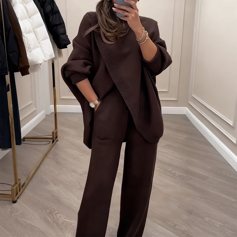 🔥 39% OFF! NEW! Women's 2-piece set – Asymmetrical sweater + wide-leg pants, relaxed fit and soft fabric, ultra comfortable 👚✨