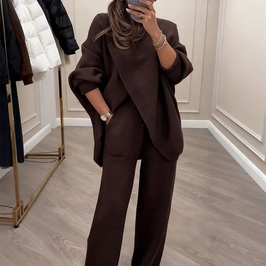 🔥 39% OFF! NEW! Women's 2-piece set – Asymmetrical sweater + wide-leg pants, relaxed fit and soft fabric, ultra comfortable 👚✨