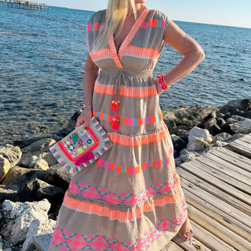 🔥Venta caliente 49% de descuento💕Vestido holgado sin mangas con estampado de rayas vintage y escote en V para mujer