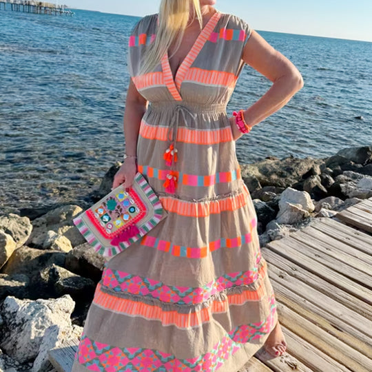 🔥Venta caliente 49% de descuento💕Vestido holgado sin mangas con estampado de rayas vintage y escote en V para mujer