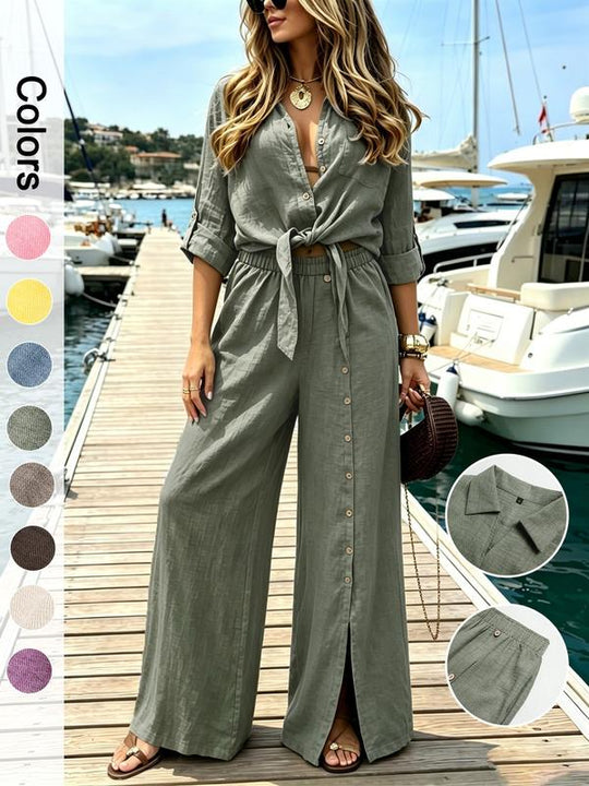 🏆SUMMER HOT SALE 60% OFF🔥Women's Two-Piece Vacation Style Fit Shirt and Pants Set, Knot Top with Button Decoration, Wide Leg Pants, Casual for Women, Womenswear