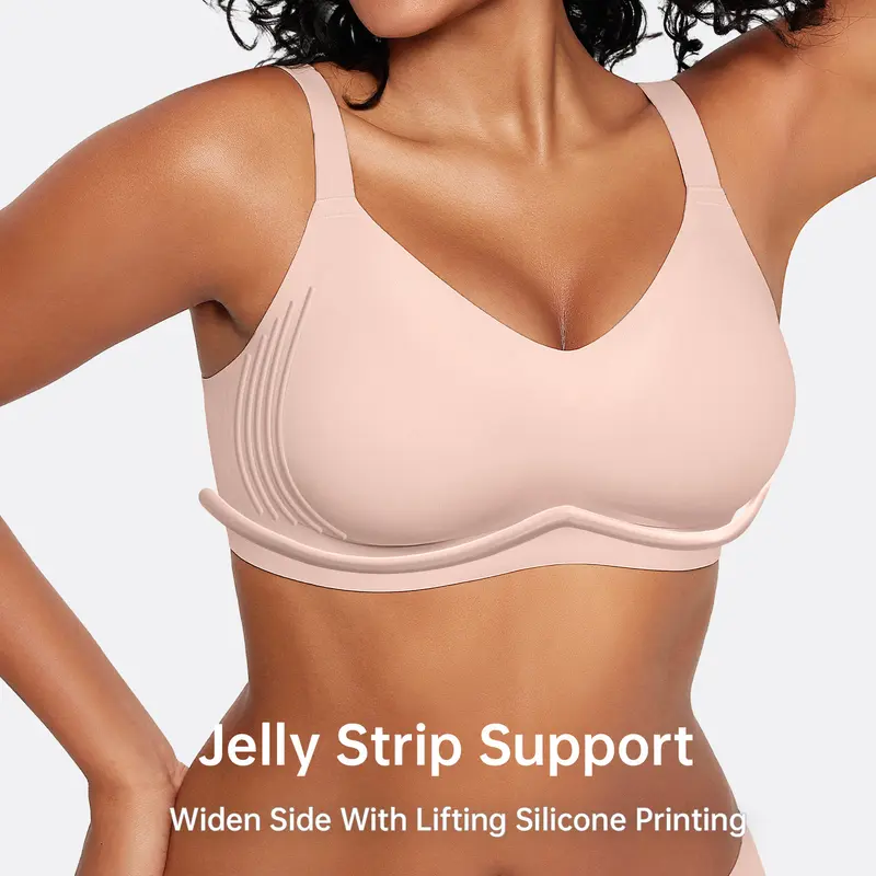 OEAK Women's Seamless Plus Bra Wireless Support Push Up Jelly Bra Comfort Full Coverage Plus Size Bras V Neck Sleep T-Shirt Everyday Bralettes