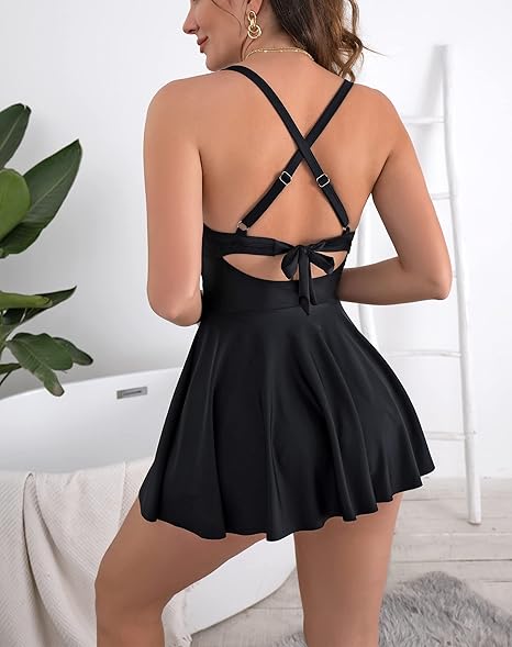 B2prity Women Cutout One Piece Skirt Swimsuit V Neck Wrap Tie Back Swimdress Tummy Control Bathing Suits High Rise Swimwear High Waist Swimwsuit SummerVibes