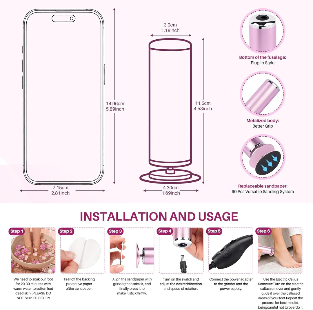 LIONVISON Electric Foot Callus Remover: Adjustable Speed Foot File for Cracked Heels - Working Women's Summer Pedicure Tool with 60pcs Sandpaper Discs - Dead Skin Remover for Dry Feet at-Home