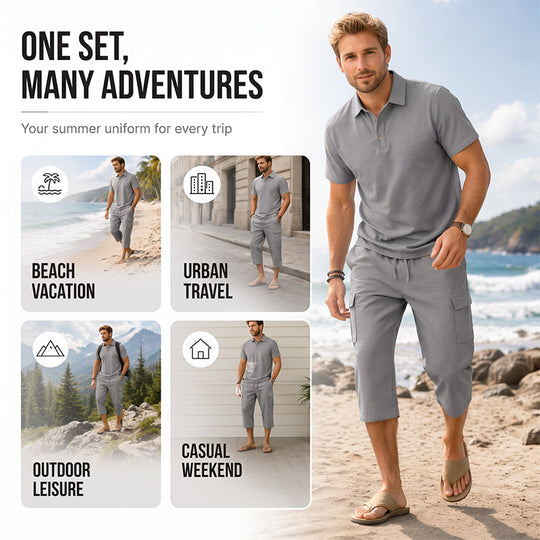 Men Summer Linen Set Loose Shirt and Cargo Shorts Two Piece Outfit
