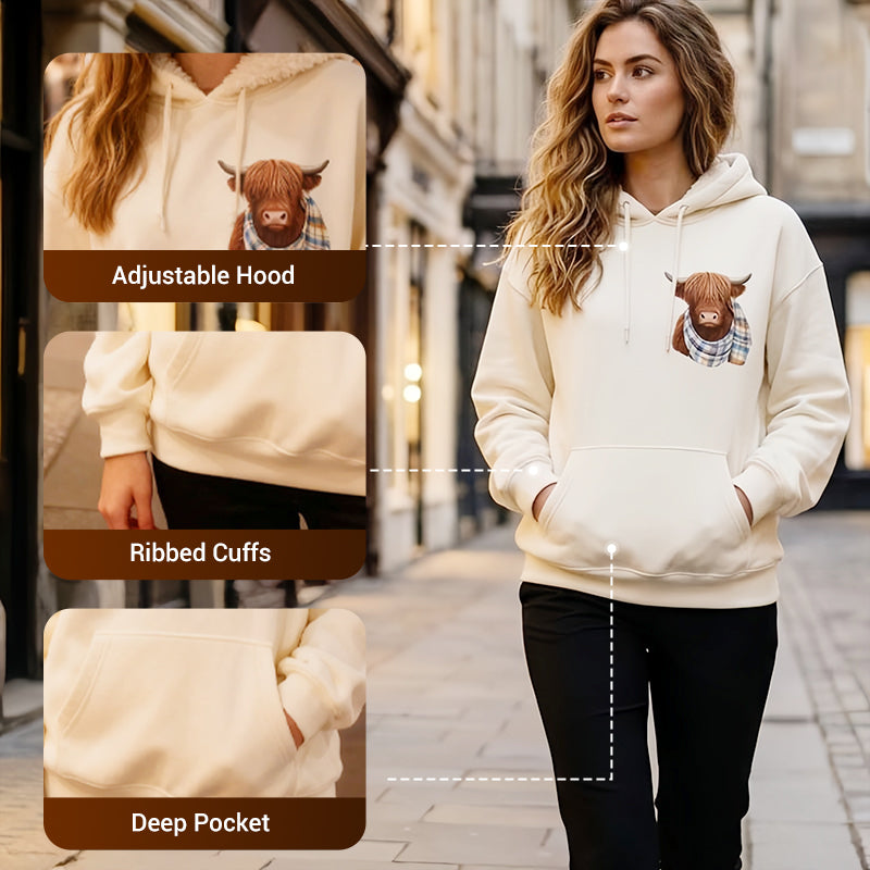 Women's Highland Cow Fleece-Lined Hooded Sweatshirt