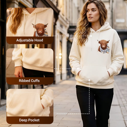 Women's Highland Cow Fleece-Lined Hooded Sweatshirt