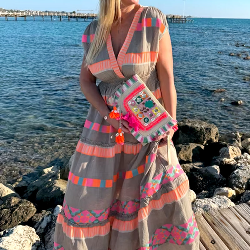 🔥Venta caliente 49% de descuento💕Vestido holgado sin mangas con estampado de rayas vintage y escote en V para mujer