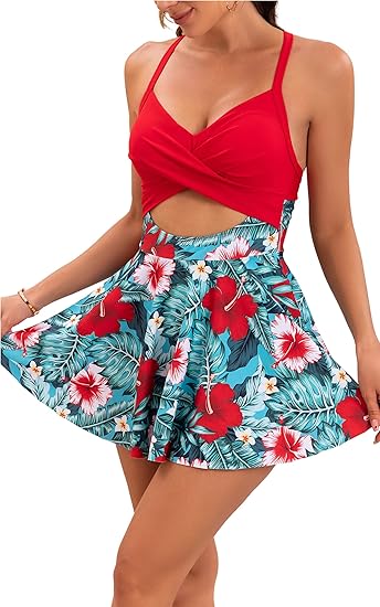 B2prity Women Cutout One Piece Skirt Swimsuit V Neck Wrap Tie Back Swimdress Tummy Control Bathing Suits High Rise Swimwear High Waist Swimwsuit SummerVibes