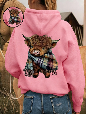 Women's Highland Cow Fleece-Lined Hooded Sweatshirt