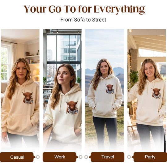Women's Highland Cow Fleece-Lined Hooded Sweatshirt