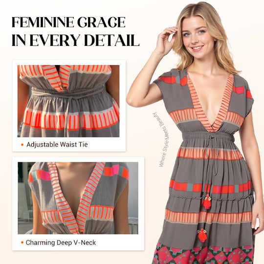 🔥Venta caliente 49% de descuento💕Vestido holgado sin mangas con estampado de rayas vintage y escote en V para mujer