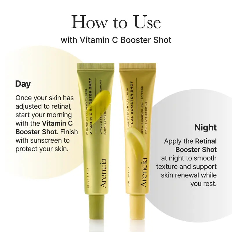 [Oficial de Arencia] Dúo de renovación de la piel Booster Shot - Vitamina C & Retinal para iluminar el día y la noche, minimizar los poros, hidratar y desvanecer las manchas oscuras | 1.01 onzas líquidas + 1.01 onzas líquidas