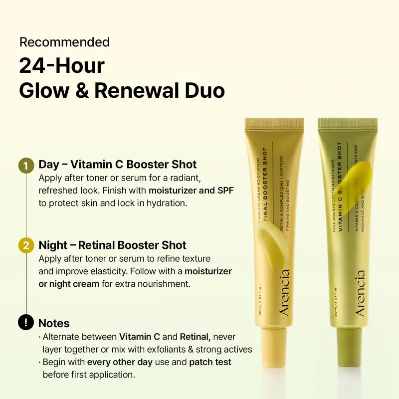 [Oficial de Arencia] Dúo de renovación de la piel Booster Shot - Vitamina C & Retinal para iluminar el día y la noche, minimizar los poros, hidratar y desvanecer las manchas oscuras | 1.01 onzas líquidas + 1.01 onzas líquidas