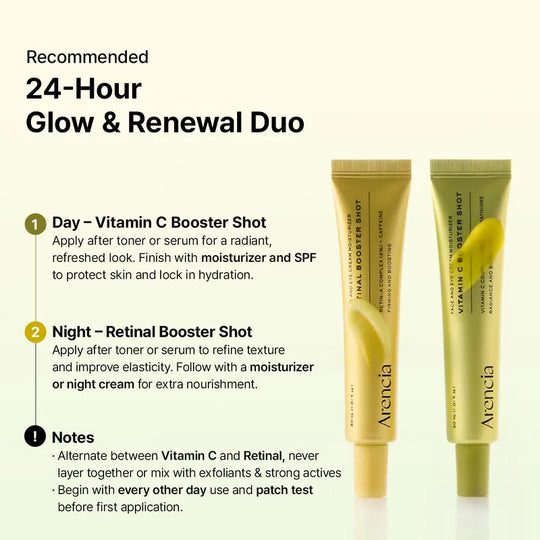 [Oficial de Arencia] Dúo de renovación de la piel Booster Shot - Vitamina C & Retinal para iluminar el día y la noche, minimizar los poros, hidratar y desvanecer las manchas oscuras | 1.01 onzas líquidas + 1.01 onzas líquidas